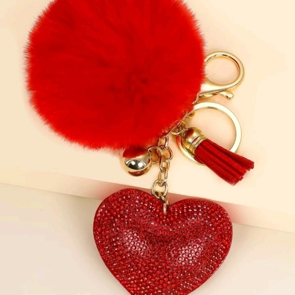 🔹️Rhinestone Heart & Pom Pom Charm tassles Keychain, For Decoration✨️💚 - Picture 7 of 10